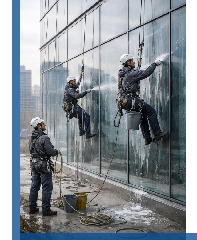 Промышленная мойка панорамных окон на высоте в Бузулуке