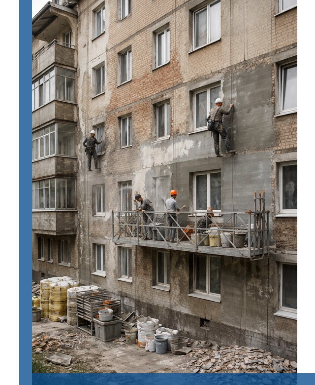 Капитальный ремонт фасада в Бузулуке с восстановлением и гидроизоляцией