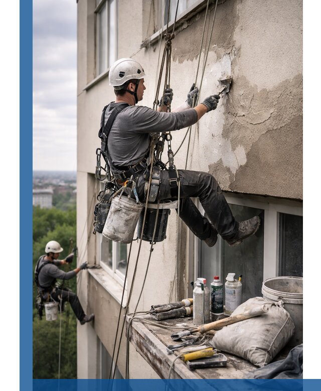 Косметический ремонт фасада зданий в Бузулуке промышленными альпинистами