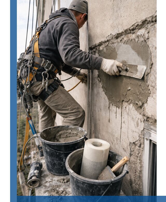 Ремонт бетонных элементов фасада промышленными альпинистами в Бузулуке