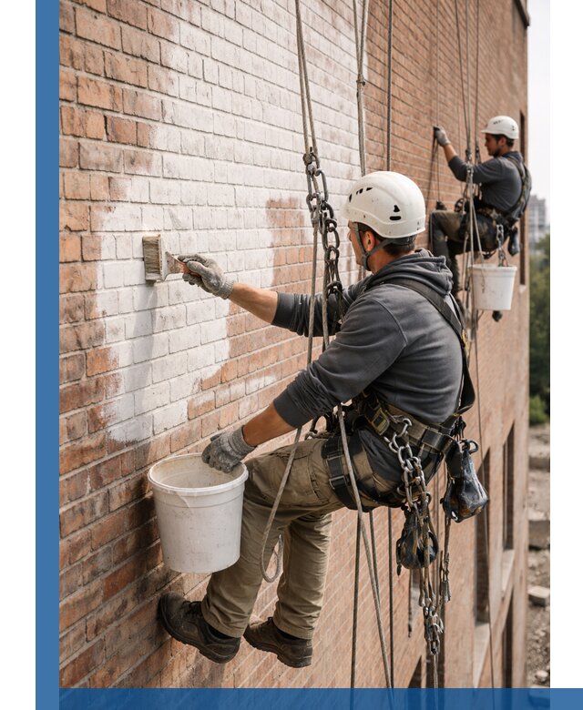 Покраска кирпичного фасада с доступным альпинистским сервисом в Бузулуке