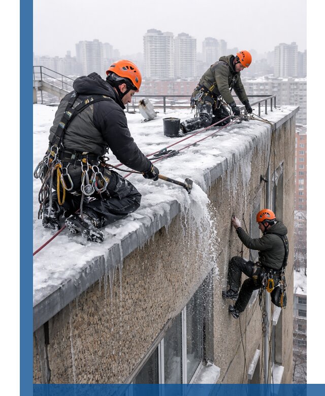 Удаление наледи с кровли в Бузулуке промышленными альпинистами