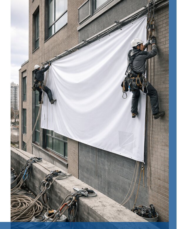 Монтаж баннеров на фасаде в Бузулуке от 678 р. заказать ВЫСОТНИК-Бзл