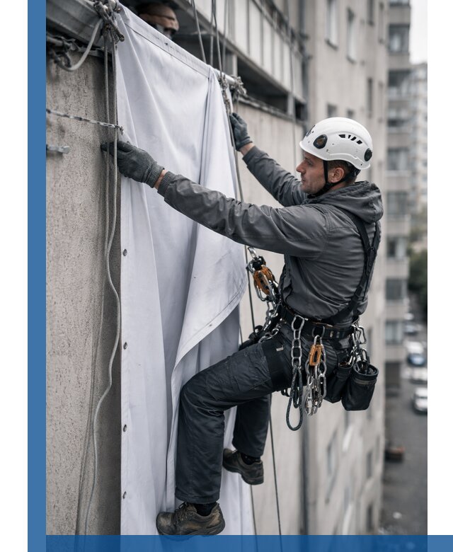 Замена баннерного полотна промышленными альпинистами в Бузулуке