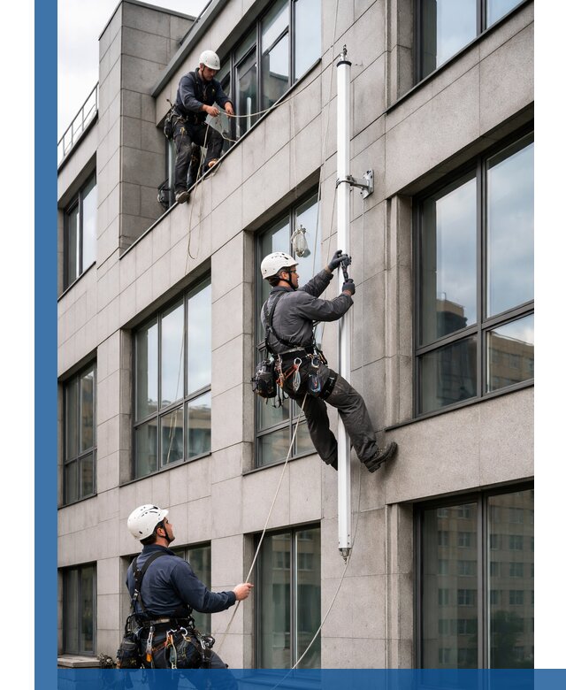 Монтаж флагштока на фасаде здания с креплением и герметикой в Бузулуке