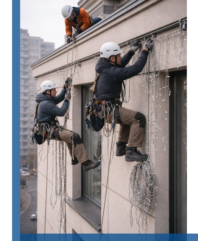 Монтаж праздничных гирлянд на фасаде в Бузулуке для зданий