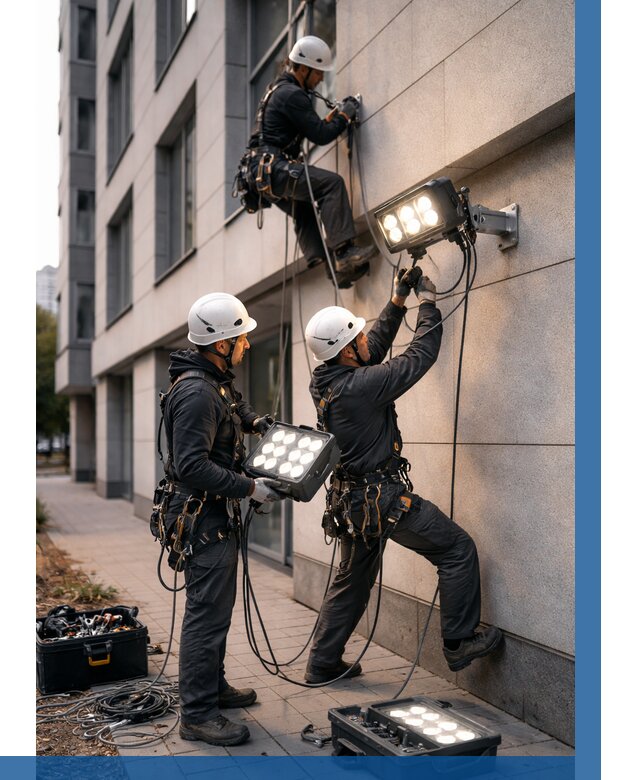 Монтаж прожекторов на фасаде в Бузулуке от 7818 р. | ВЫСОТНИК-Бзл