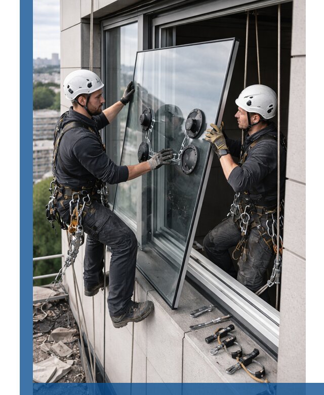 Замена стеклопакетов на высоте с промышленными альпинистами в Бузулуке