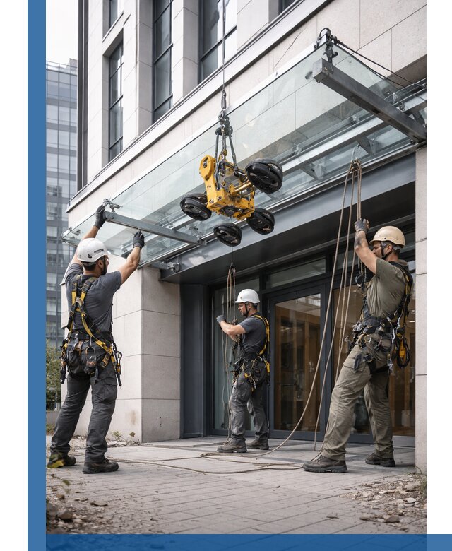 Монтаж стеклянных козырьков под ключ в Бузулуке для зданий