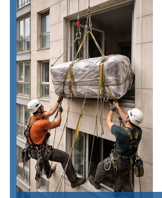 Подъем грузов через окно в Бузулуке промышленными альпинистами